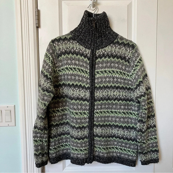 Vintage One on One Green Striped Marled Knit Grandma Full Zip Sweater - Picture 2 of 6